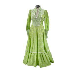 70s Vintage Swiss Dot Green Daisy Floral Print Gunne Style Maxi